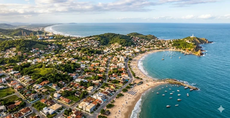 Vista aérea da orla e dos bairros residenciais de Penha SC