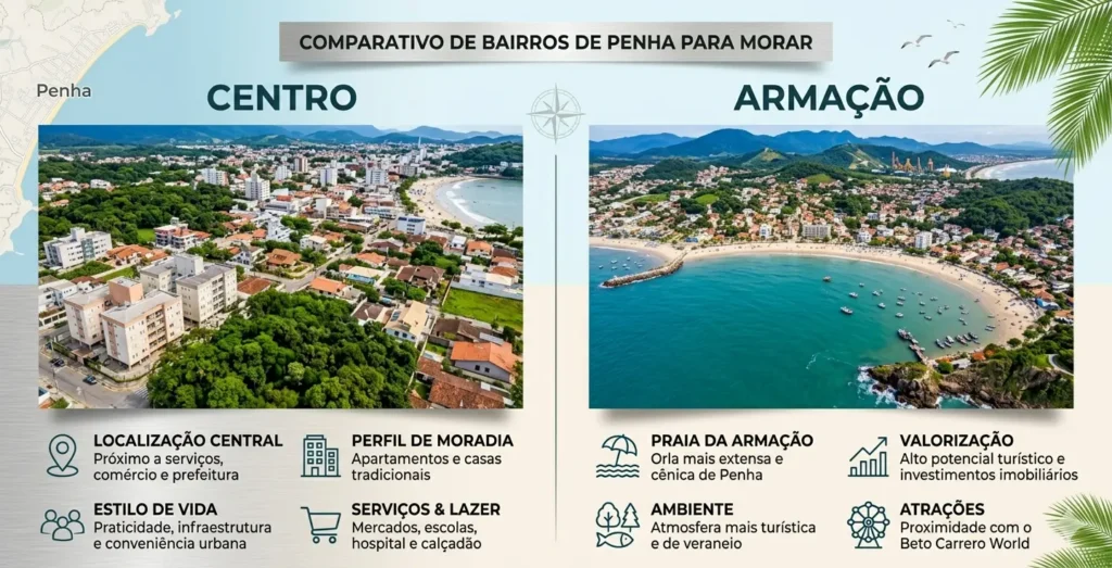 Comparativo de bairros de Penha para morar Centro e Armação